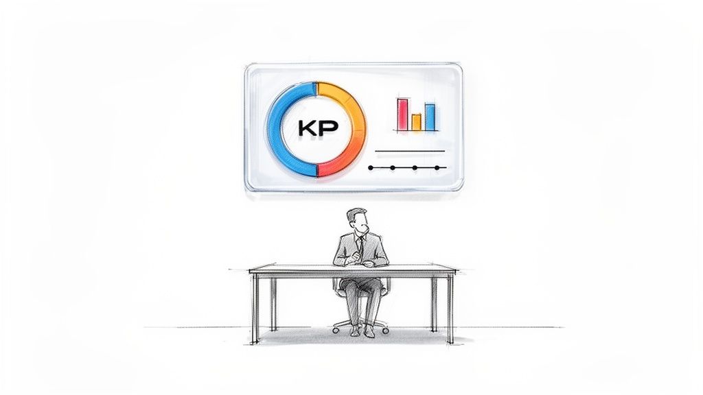 Un uomo seduto alla scrivania osserva un display con dashboard di visualizzazione dati KPI e grafici.