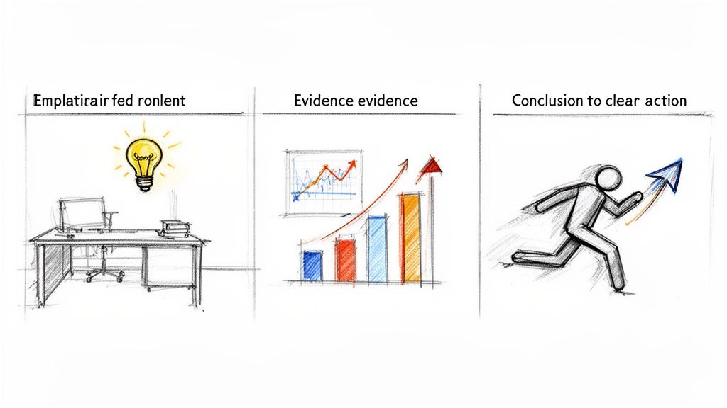 Tre disegni che illustrano il processo dall'idea (lampadina), all'analisi dei dati (grafici), fino all'azione (persona che corre).