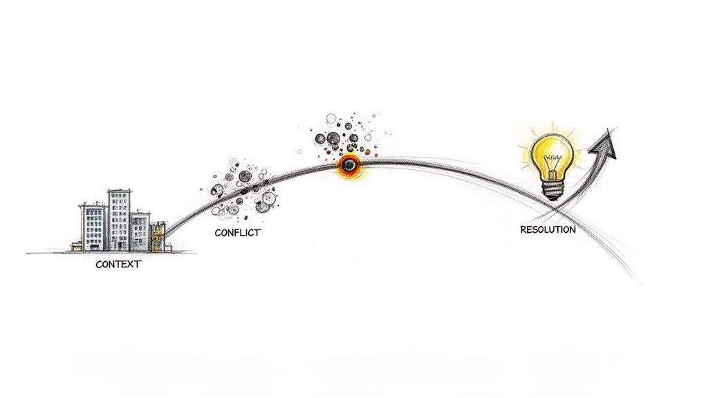 Diagramma visivo che illustra il percorso dal contesto, attraverso il conflitto, alla risoluzione di un problema con un'idea.