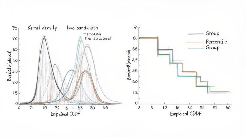 Due grafici statistici disegnati a mano mostrano distribuzioni di densità del kernel e funzioni cumulative empiriche con dati di gruppo.