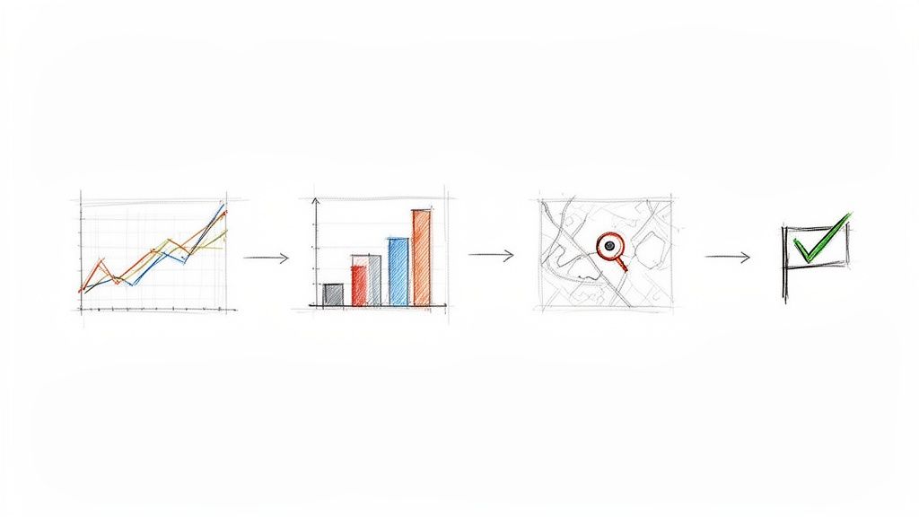 Sequenza di grafici disegnati a mano: grafico a linee, grafico a barre, mappa con lente d'ingrandimento e bandiera con spunta. Rappresenta un processo di analisi.